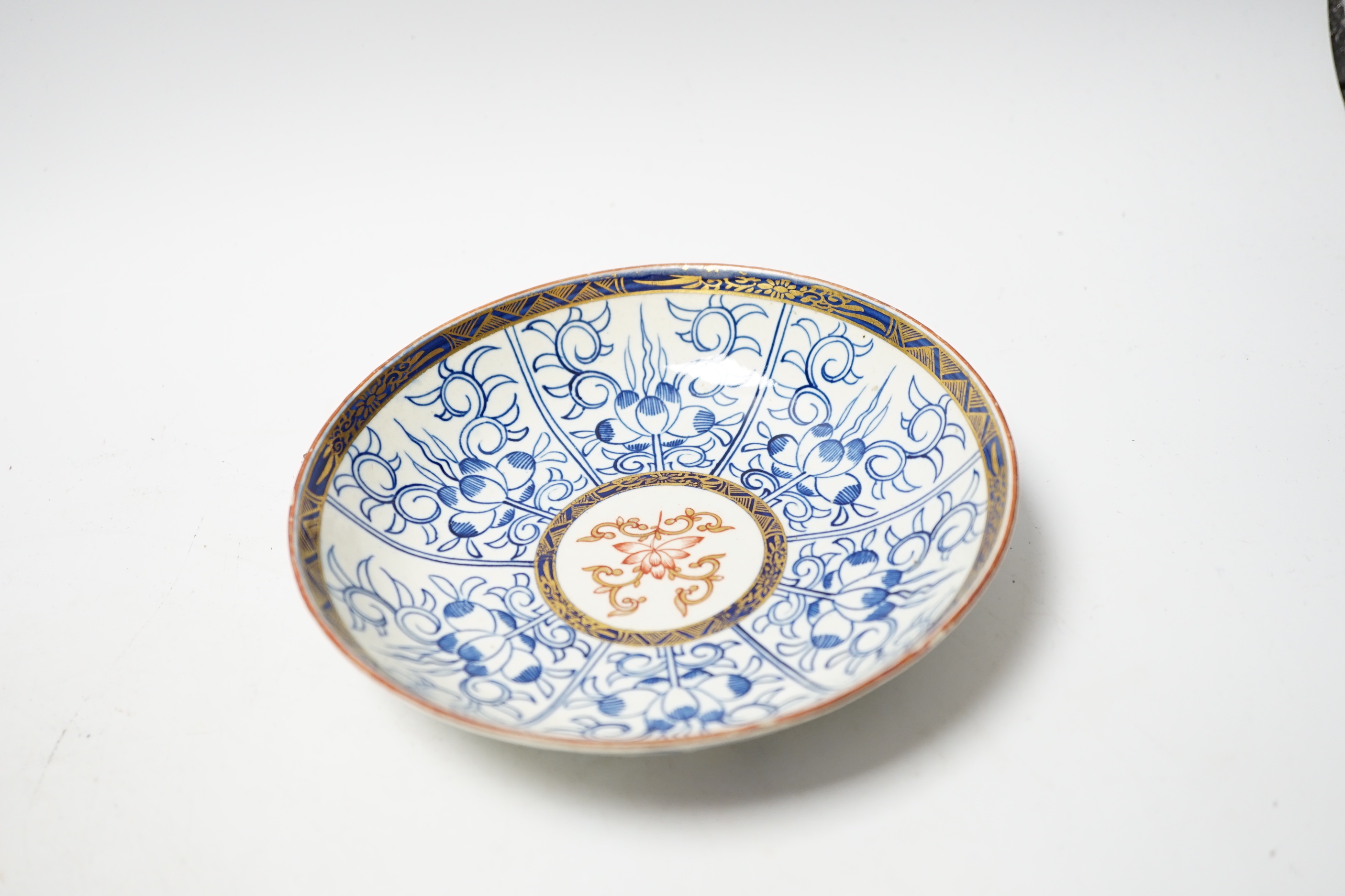 A Worcester carnation pattern dessert dish c. 1770, Royal Lily pattern saucer dish, two sugar bowls and a Plantation pattern saucer